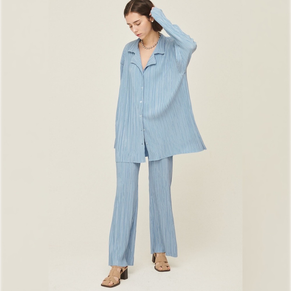 Storets Sky Blue Maria Pleated Plisse Oversized Shirt & Pants Set Small / Medium